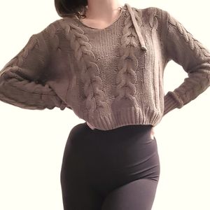 Olive Green Cropped Knit Crochet Hoodie Pullover Sweater